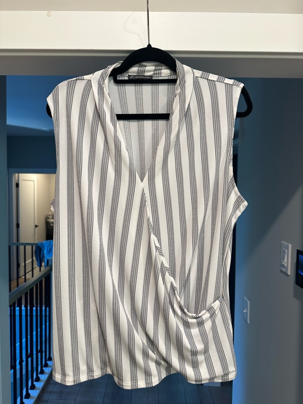 Sleeveless White V-Neck Wrap Top with Black Stripes